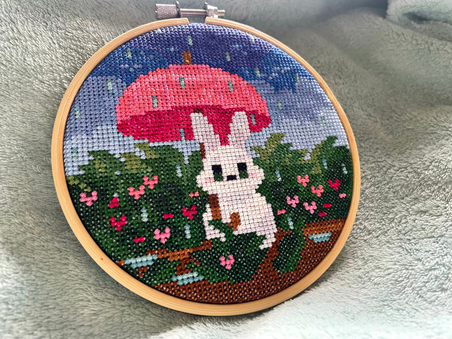 April Showers Bunny - Bunny Collection - Finished Cross Stitch