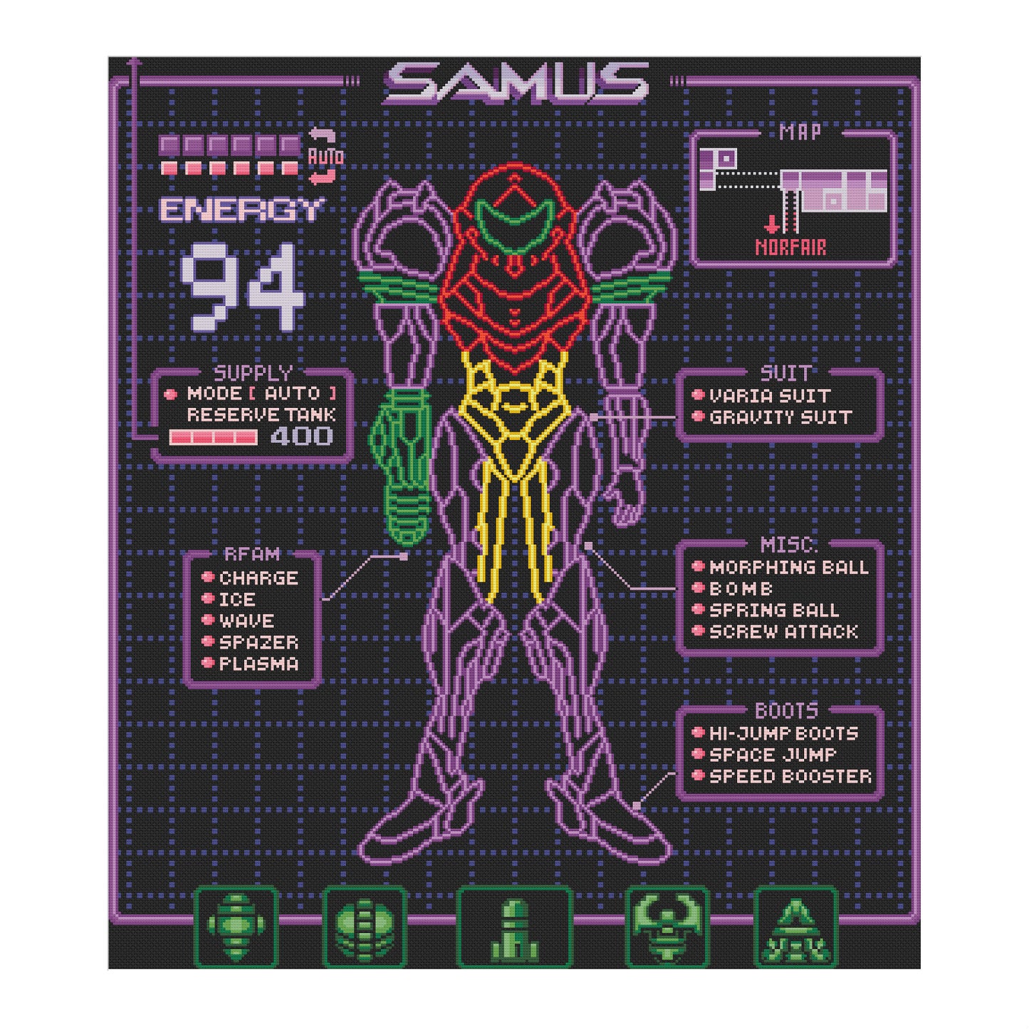 Samus Status - Metroid - Cross Stitch Pattern PDF Download