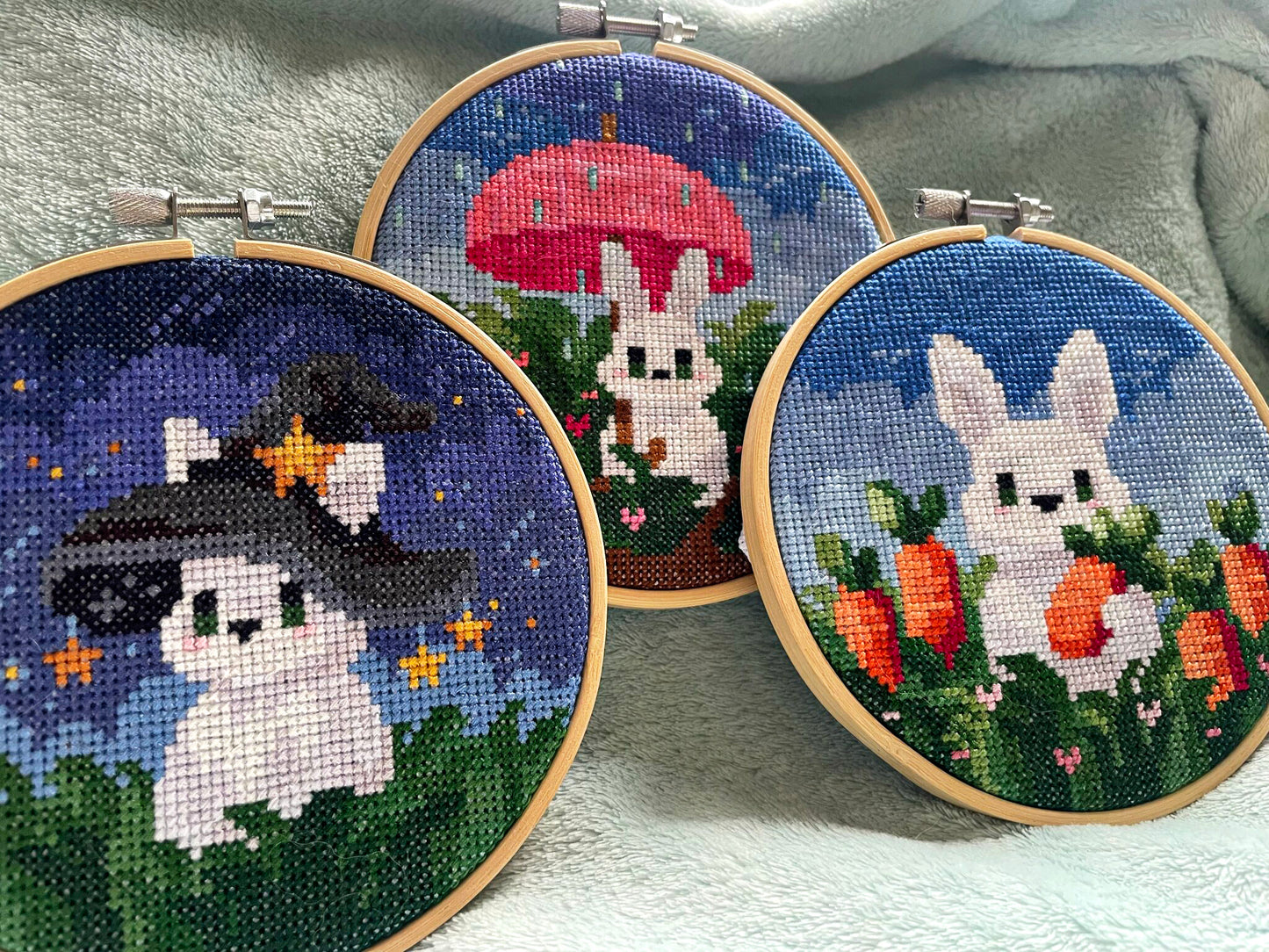 April Showers Bunny - Bunny Collection - Finished Cross Stitch