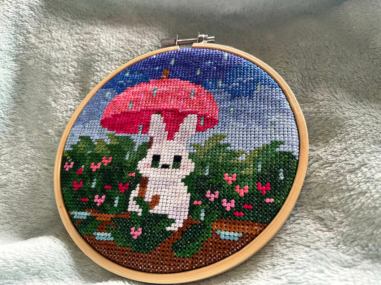 April Showers Bunny - Bunny Collection - Finished Cross Stitch