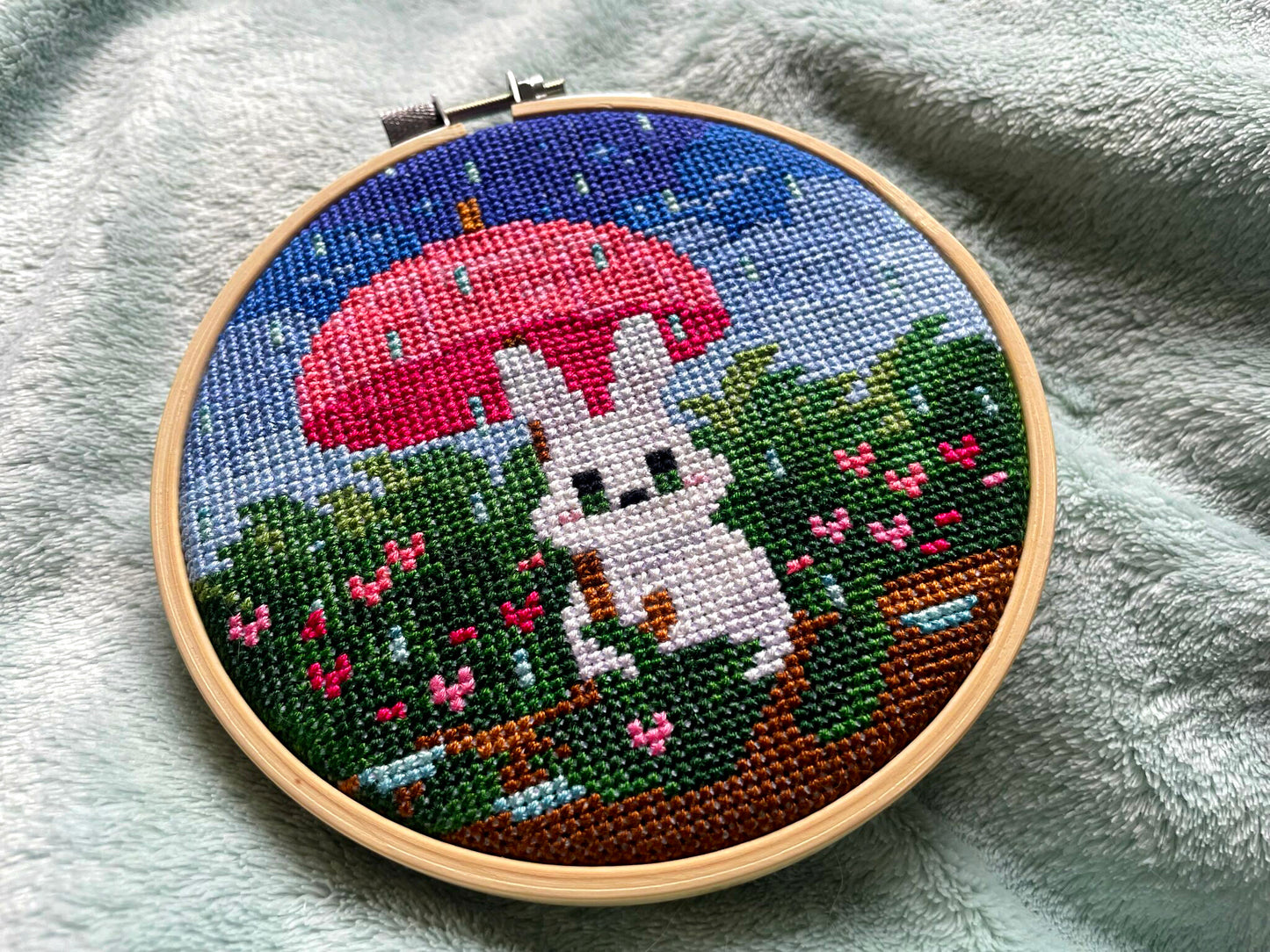 April Showers Bunny - Bunny Collection - Finished Cross Stitch